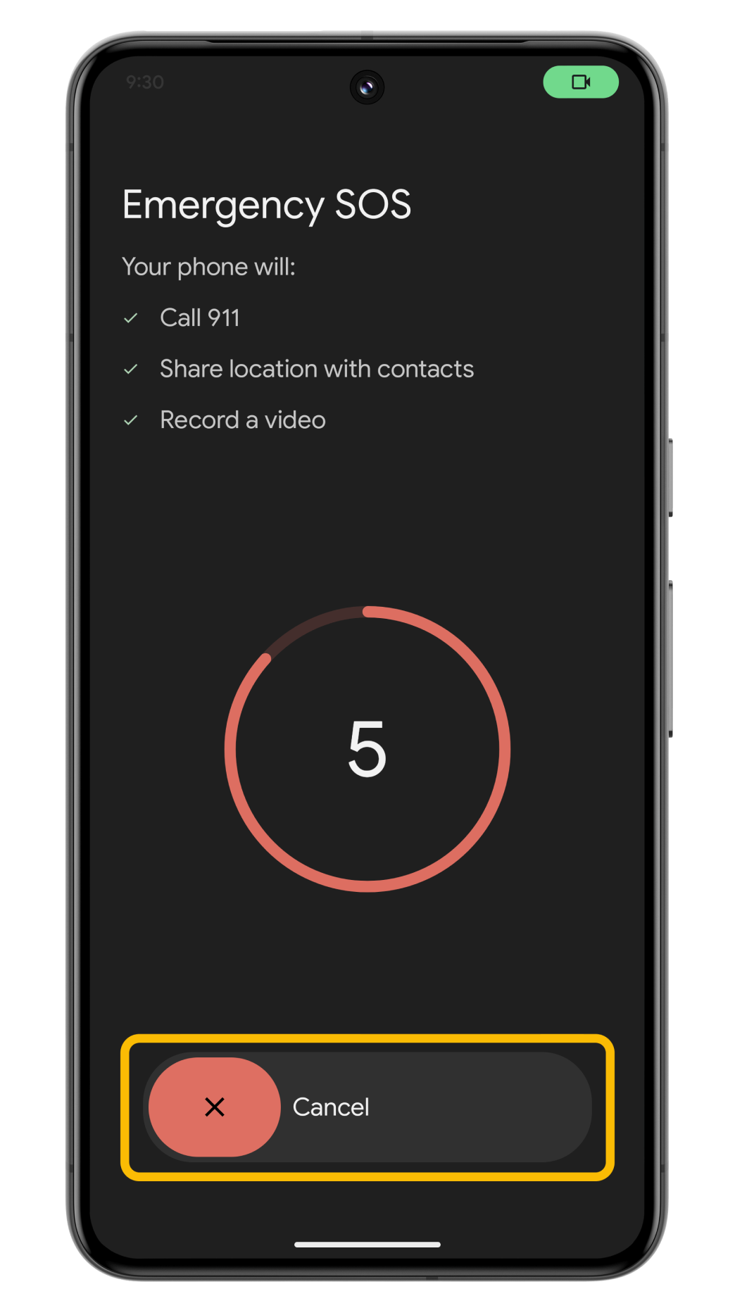 A Pixel showing Android's Emergency SOS screen. Under “Your phone will:” three checks read Call 911, Share location with contacts, and Record a video, above a red ring counting down from 5. A Cancel button sits at the bottom.