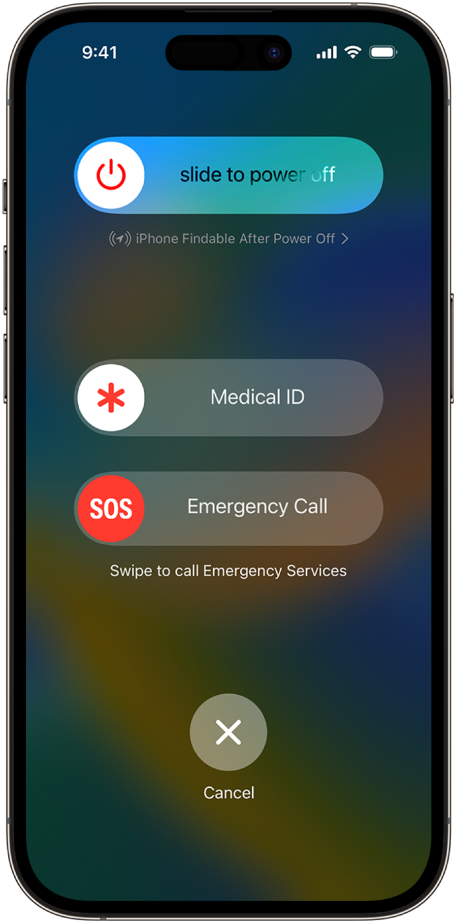 An iPhone showing the power-off screen. A “slide to power off” slider sits above two more sliders, Medical ID and a red SOS “Emergency Call”, labelled “Swipe to call Emergency Services”, with Cancel beneath.