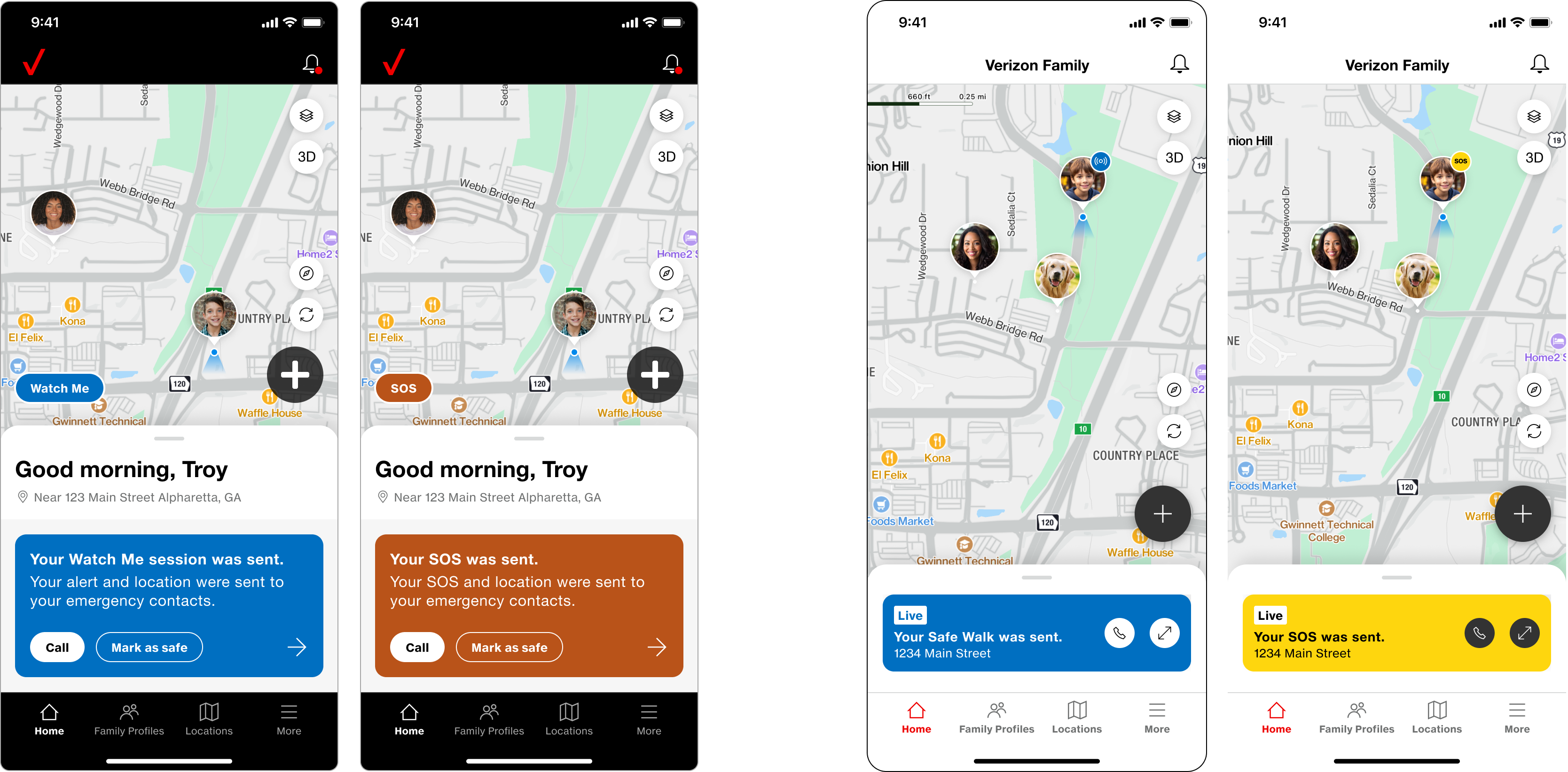 A before-and-after of the home screen's active-state card, two screens on each side of an arrow. Before: a deep card headed “Your Watch Me session was sent.” in blue, and its SOS counterpart in orange, each explaining that the alert and location went to emergency contacts above Call and Mark as safe buttons. After: a slim card badged “Live”, reading “Your Safe Walk was sent. 1234 Main Street” in blue and “Your SOS was sent. 1234 Main Street” in yellow, with the actions reduced to two round icon buttons.