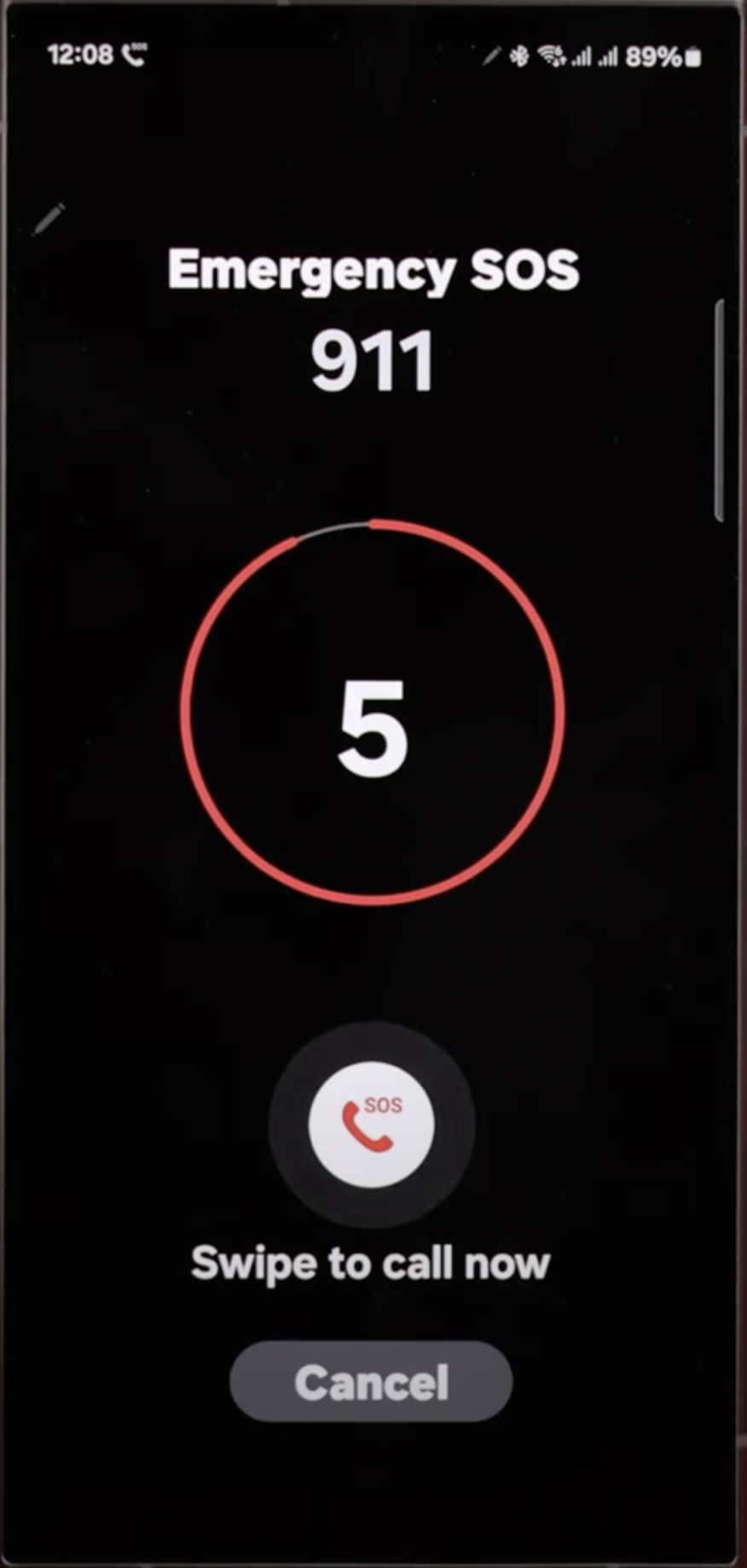 A Galaxy handset headed “Emergency SOS 911” over a red ring counting down from 5. Below it an SOS call button reads “Swipe to call now”, with Cancel underneath.