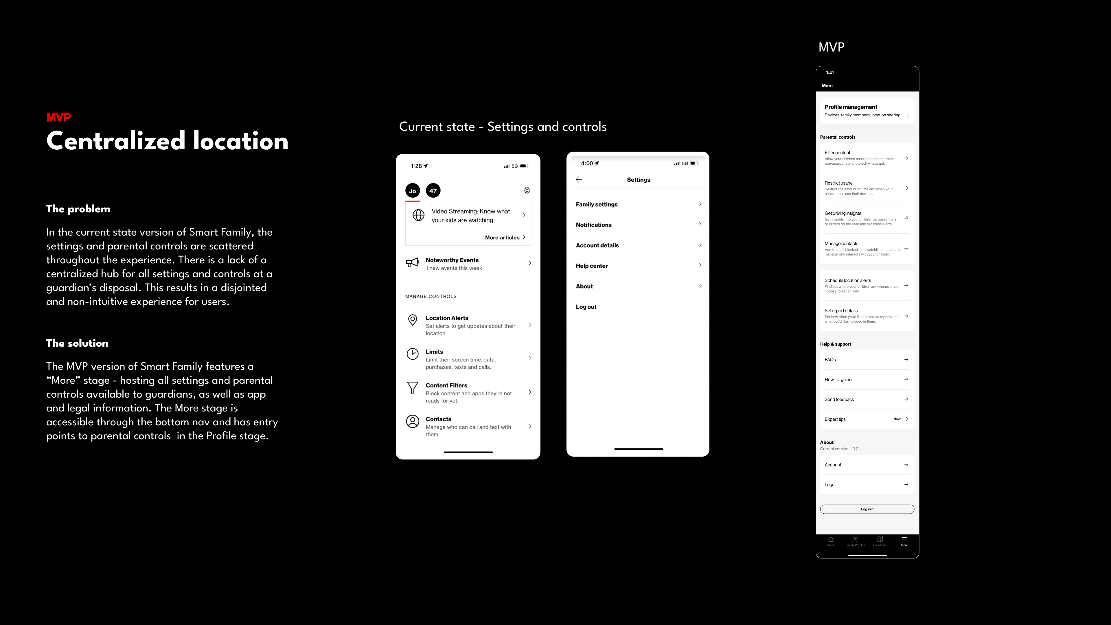 A slide headed “MVP: Centralized location”. Under “The problem” it states that settings and parental controls are scattered throughout the current state, with no centralized hub at a guardian's disposal, producing a disjointed experience. Under “The solution” it describes an MVP More stage hosting all settings, parental controls and app and legal information, reachable from the bottom navigation and holding entry points to parental controls in the Profile stage. To the right, two screens labelled “Current state - Settings and controls” sit beside one tall screen labelled MVP, which runs Profile management, Parental controls, Help & support and About in a single scroll.