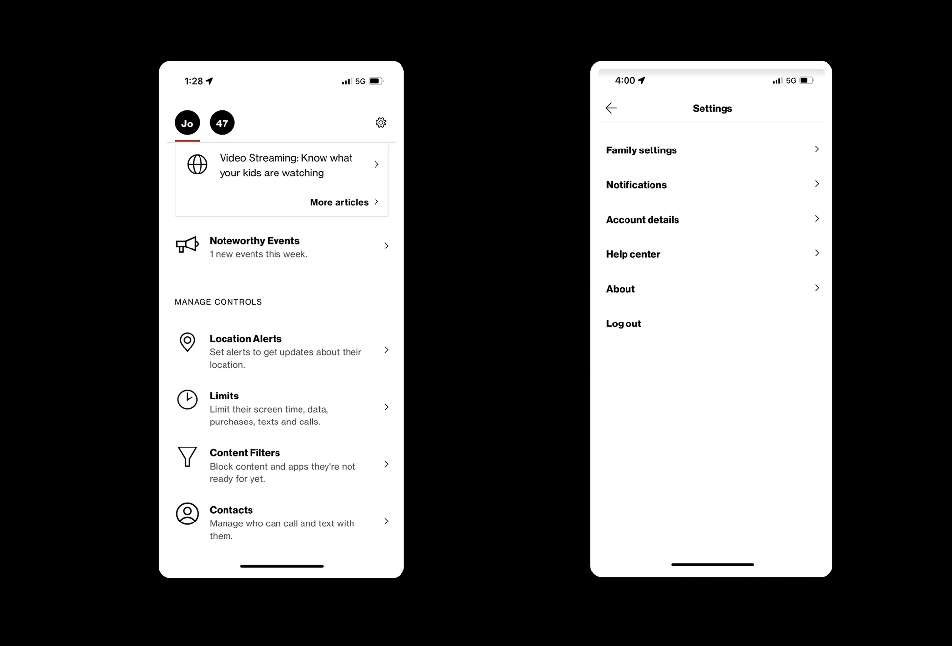 Two current-state screens side by side. The first is the home page: a row of family member avatars and a settings gear, then a Video Streaming article card and a Noteworthy Events row, and only below all of that a “Manage controls” heading over Location Alerts, Limits, Content Filters and Contacts. The second is the Settings page reached from that gear, a plain list of Family settings, Notifications, Account details, Help center, About and Log out.