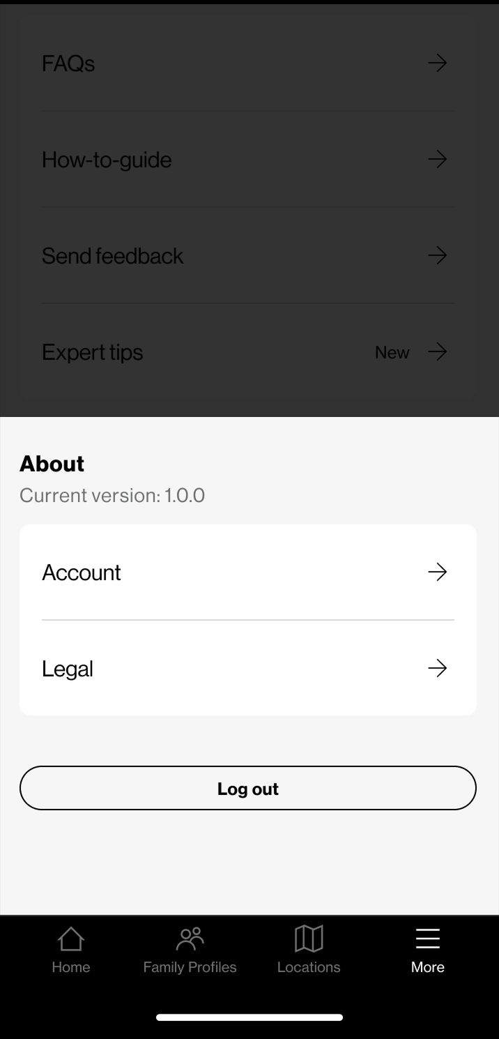 The About group at the foot of the screen, lit while Help & support above is dimmed. It notes the current version as 1.0.0 over Account and Legal rows and a Log out button, with the bottom navigation bar below.