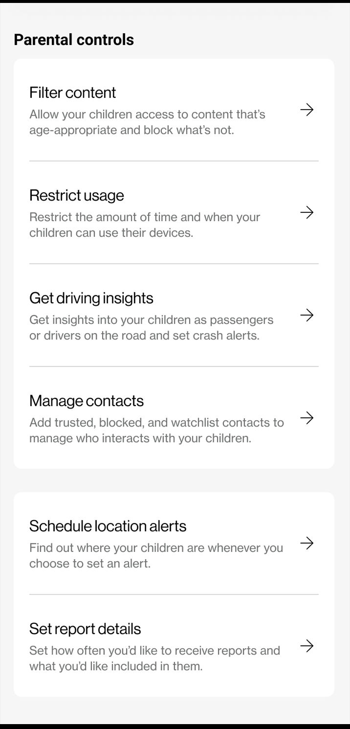 The same screen scrolled to the Parental controls group, which is lit while the rest is dimmed. It holds Filter content, Restrict usage, Get driving insights and Manage contacts in one card, then Schedule location alerts and Set report details in a second.