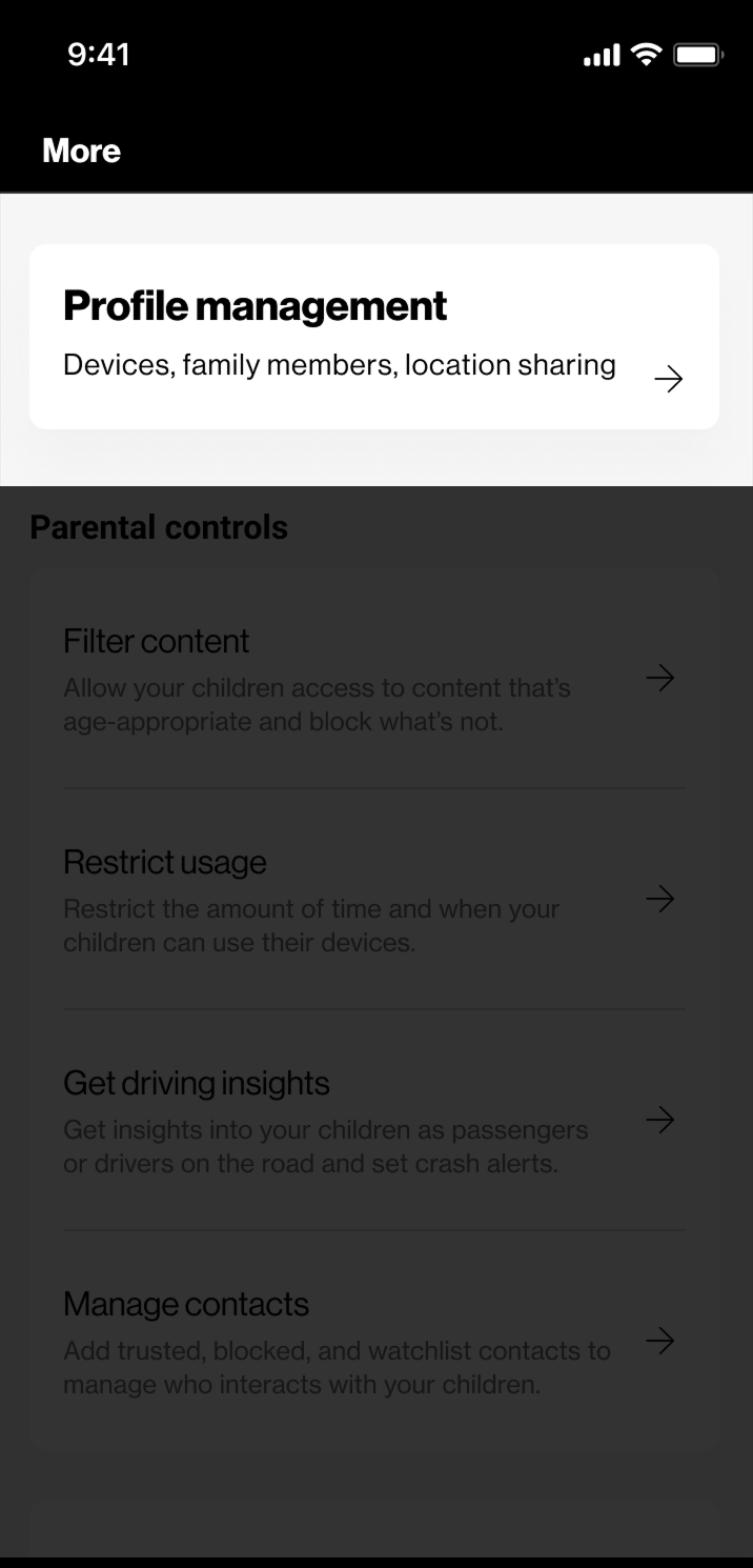 The More screen with everything dimmed except the Profile management card at the top, which reads “Devices, family members, location sharing”. The Parental controls group beneath it is greyed back.
