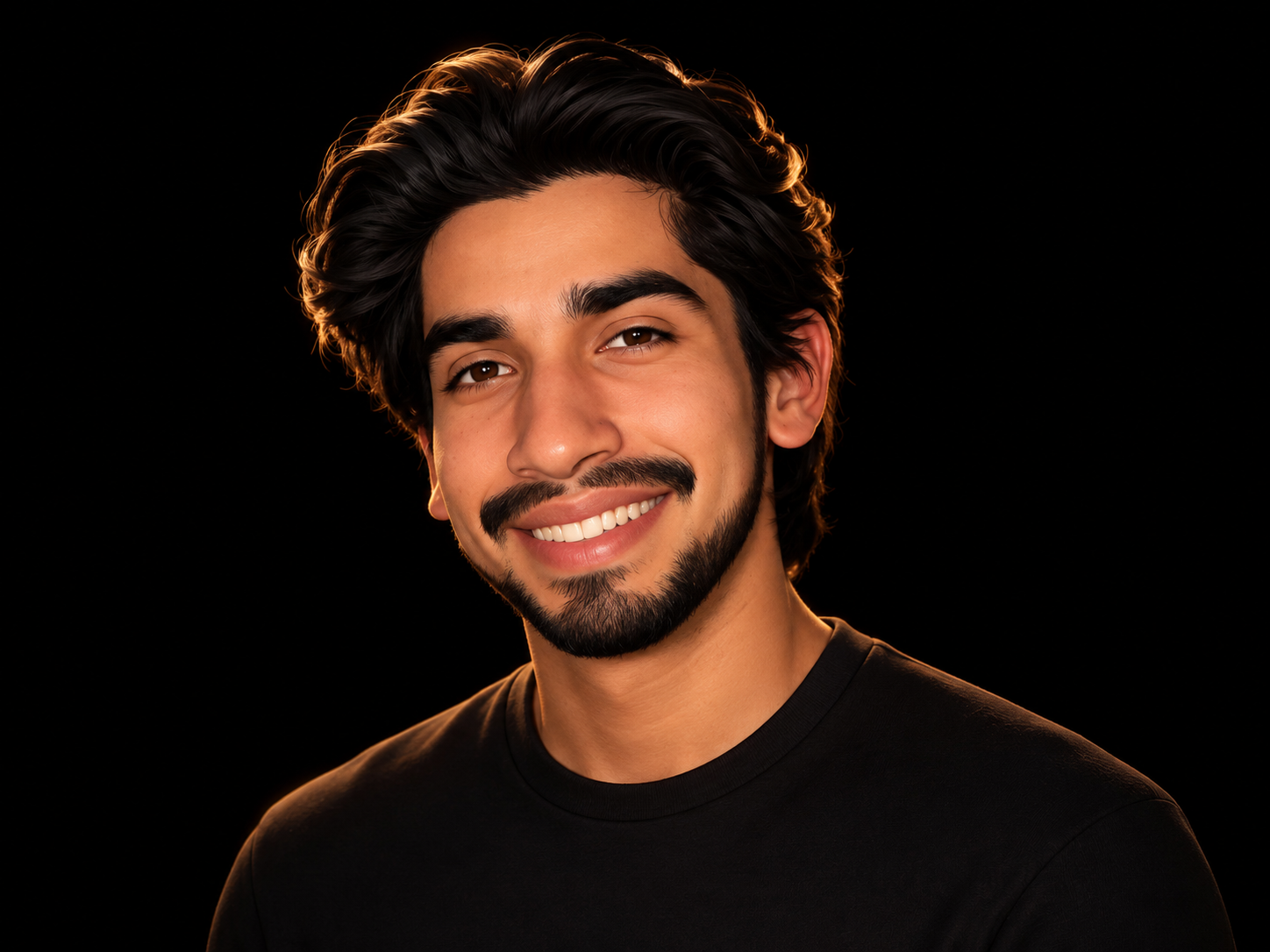 Jorge Cazares, smiling to camera, lit from behind by a warm amber rim light against a black background.