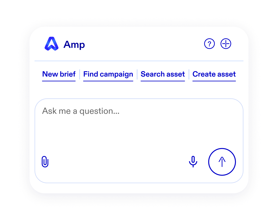 The Amp assistant panel, with shortcuts for starting a new brief, finding a campaign, and searching or creating assets above a question input field.