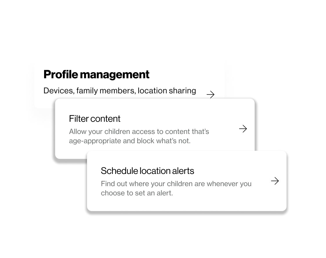 Three overlapping settings cards — Profile management, Filter content, and Schedule location alerts — each with a short description and a forward arrow.