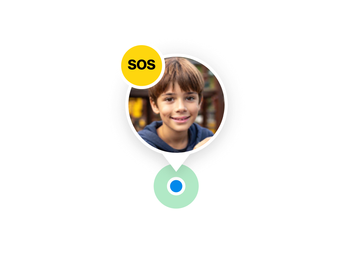 A map location pin holding a child's photo, badged with an SOS button and dropped onto a highlighted location marker.